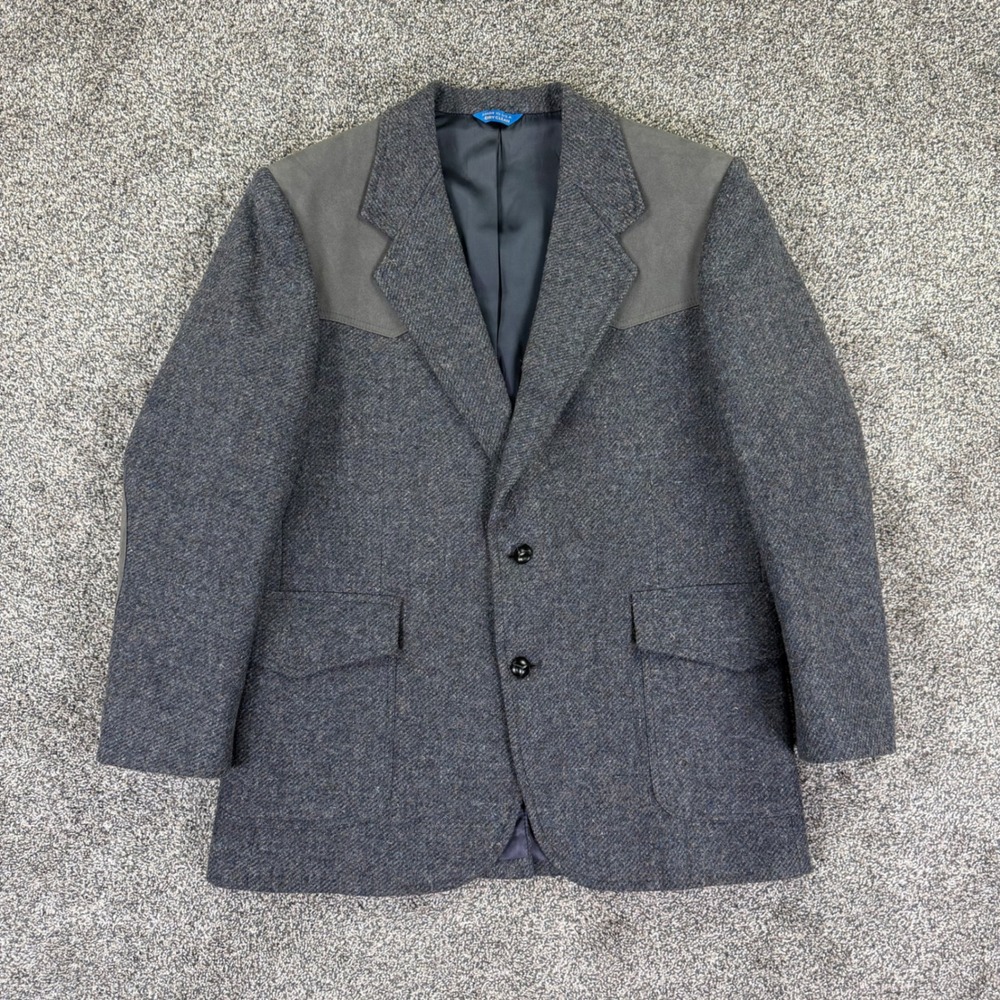 Vintage Pendleton Mens 44 Blazer Grey Blue Wool Tweed Suede Yoke Elbow Patches